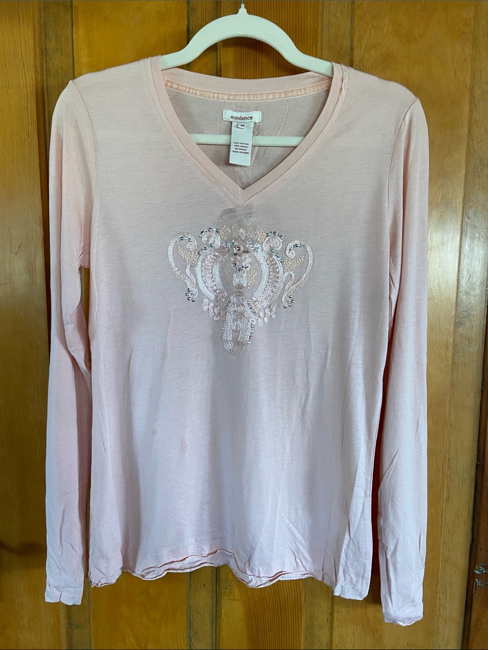 Sundance Peach Long Sleeve V-Neck Tee with Embellished Front